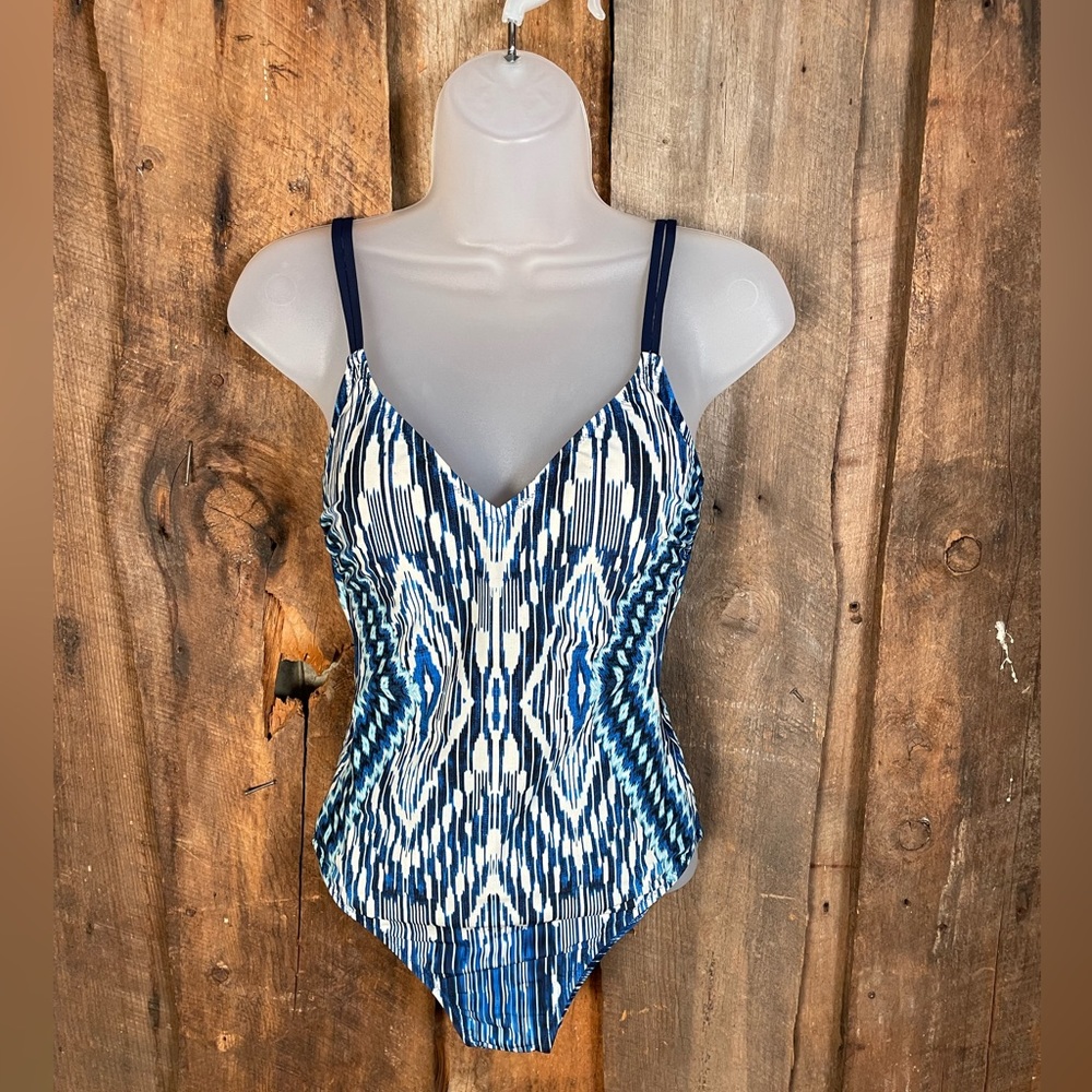 Profile by Gottex in Aztec Blue Deep V-neck One Piece Swimsuit - Size 6